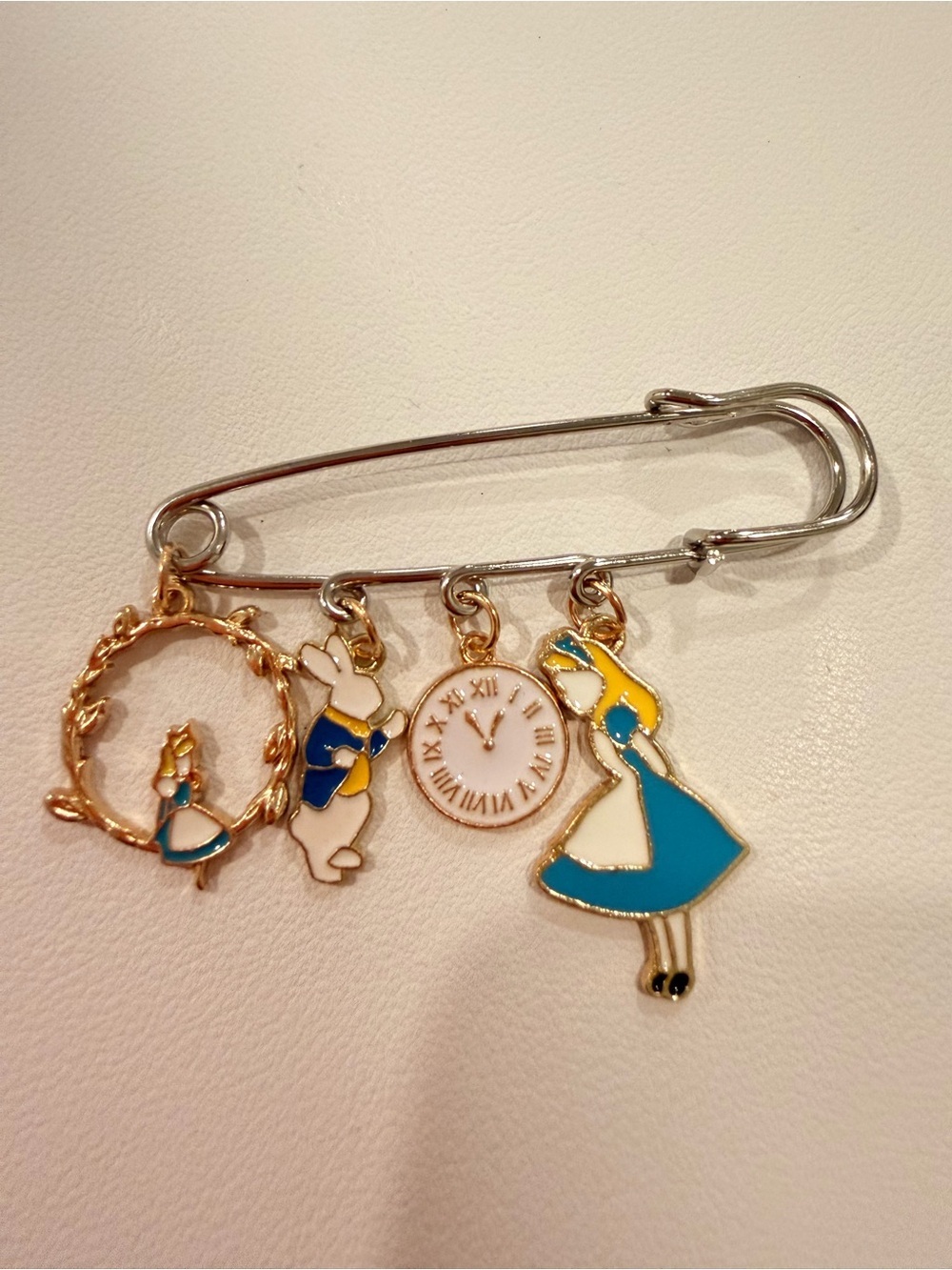 Alice in Wonderland Enamel Charm Safety Pin - Blue, White, Gold